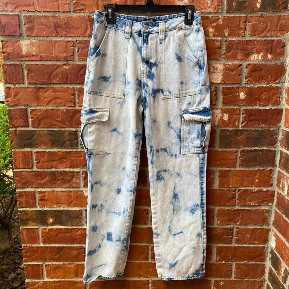 Simple Society Womens 5/27 Acid Wash Bleached Cargo Straight Leg Jeans